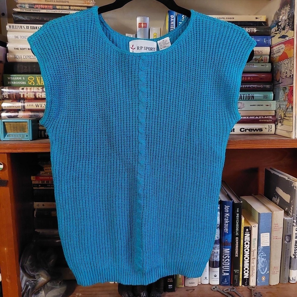 Vintage RP Sport Blue Knit Sweater Vest 80s Cotton Ramie Linen Sleeveless‎ M